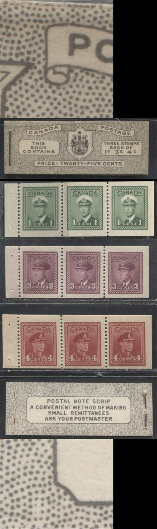Lot 289 Canada #BK38a 1942-1949 War Issue Complete 25c, English Booklet Containing 1 Pane Each of 3 of 1c Green, 3c Rosy Plum and 4c Carmine Red, Harris Front Cover Type IVd , Back Cover Haiii, 7c & 6c Rate Page
