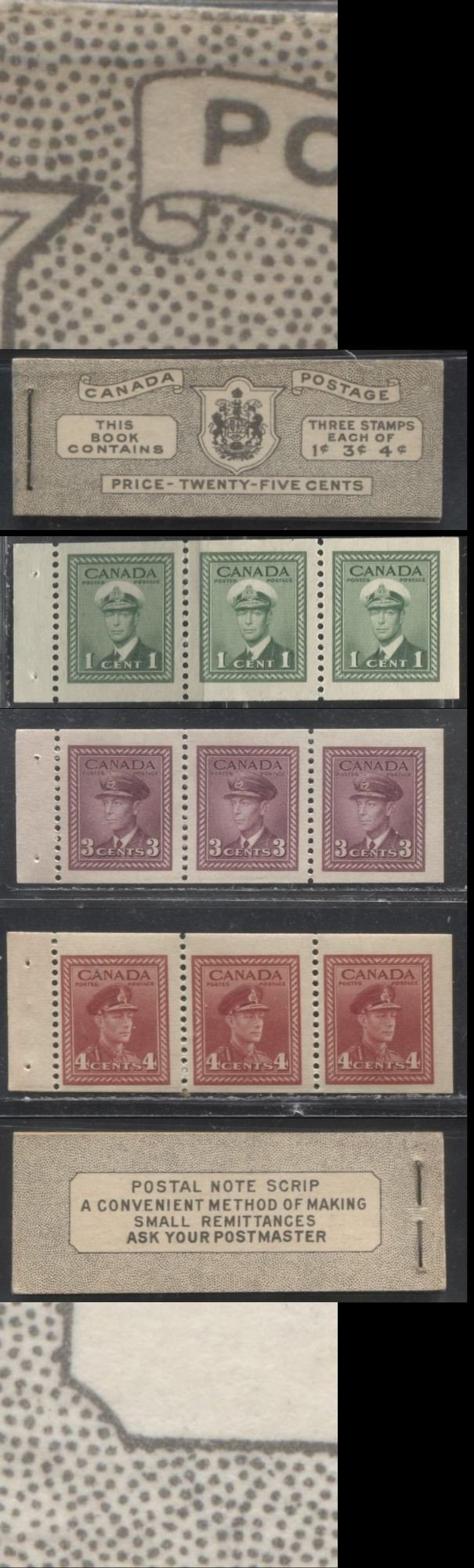 Lot 195 Canada #BK38a 1942-1949 War Issue Complete 25c, English Booklet Containing 1 Pane Each of 3 of 1c Green, 3c Rosy Plum and 4c Carmine Red, Harris Front Cover Type IVd , Back Cover Haiv, 7c & 6c Rate Page
