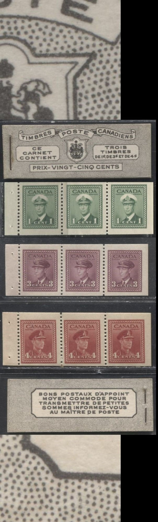 Lot 291 Canada #BK38a 1942-1949 War Issue Complete 25c, French Booklet Containing 1 Pane Each of 3 of 1c Green, 3c Rosy Plum and 4c Carmine Red, Harris Front Cover Type Va , Back Cover Jv, 7c & 6c Rate Page