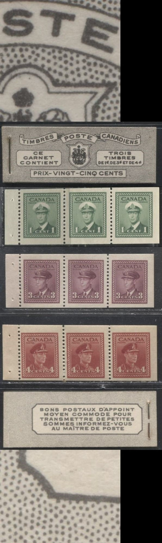 Lot 198 Canada #BK38a 1942-1949 War Issue Complete 25c, French Booklet Containing 1 Pane Each of 3 of 1c Green, 3c Rosy Plum and 4c Carmine Red, Harris Front Cover Type Vb , Back Cover Jvi, 7c & 6c Rate Page
