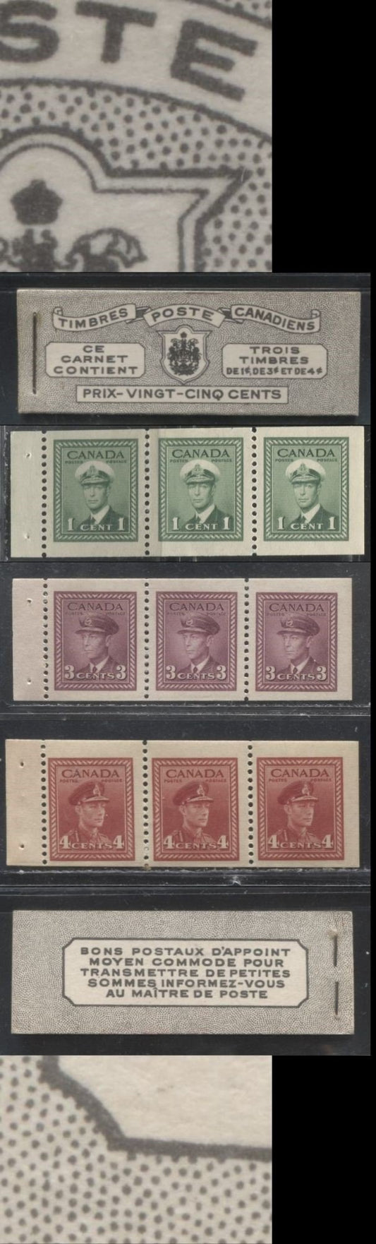 Lot 202 Canada #BK38a 1942-1949 War Issue Complete 25c, French Booklet Containing 1 Pane Each of 3 of 1c Green, 3c Rosy Plum and 4c Carmine Red, Harris Front Cover Type Vc , Back Cover Jvi, 7c & 6c Rate Page