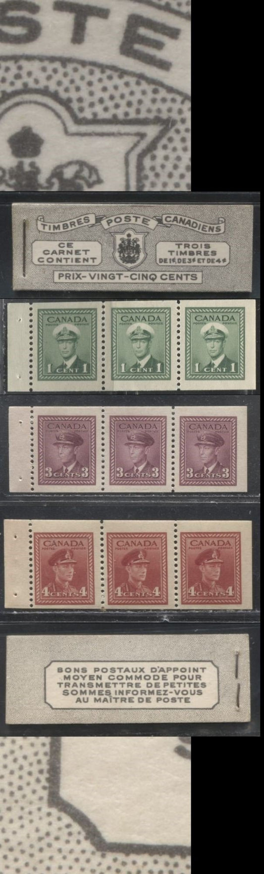 Lot 203 Canada #BK38a 1942-1949 War Issue Complete 25c, French Booklet Containing 1 Pane Each of 3 of 1c Green, 3c Rosy Plum and 4c Carmine Red, Harris Front Cover Type Vc , Back Cover Jvii, 7c & 6c Rate Page