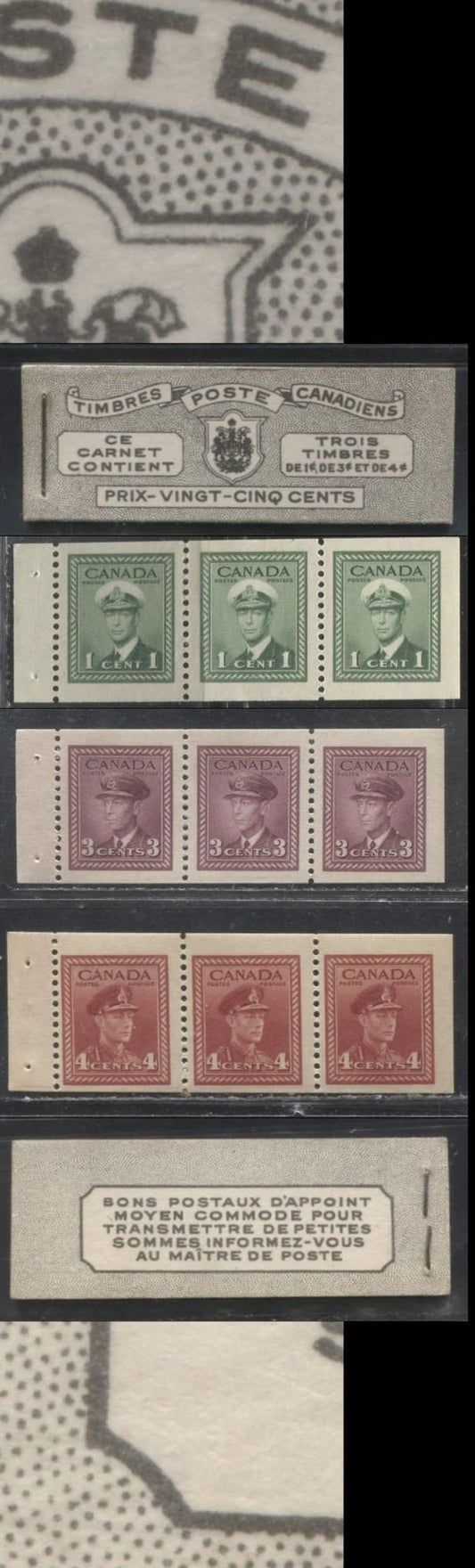 Lot 292 Canada #BK38a 1942-1949 War Issue Complete 25c, French Booklet Containing 1 Pane Each of 3 of 1c Green, 3c Rosy Plum and 4c Carmine Red, Harris Front Cover Type Vc , Back Cover Jvii, 7c & 6c Rate Page