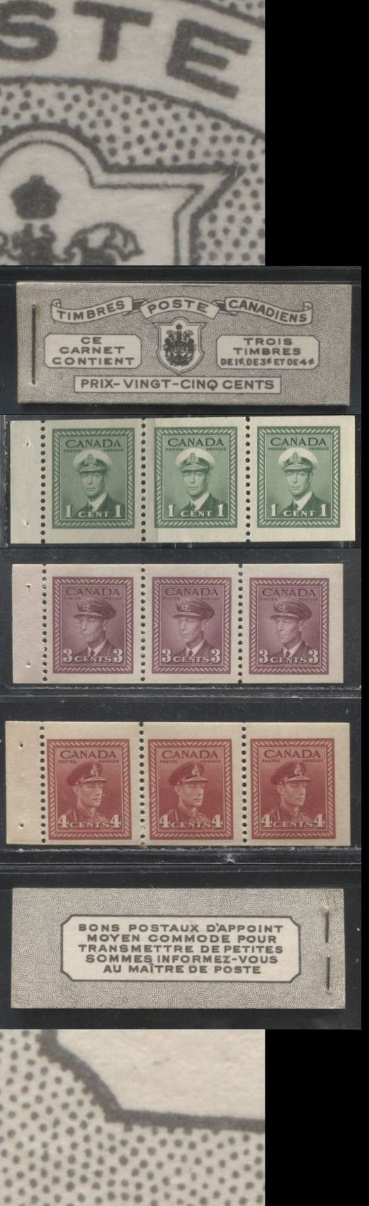 Lot 204 Canada #BK38a 1942-1949 War Issue Complete 25c, French Booklet Containing 1 Pane Each of 3 of 1c Green, 3c Rosy Plum and 4c Carmine Red, Harris Front Cover Type Vc , Back Cover Jviii, 7c & 6c Rate Page, Ribbed Paper