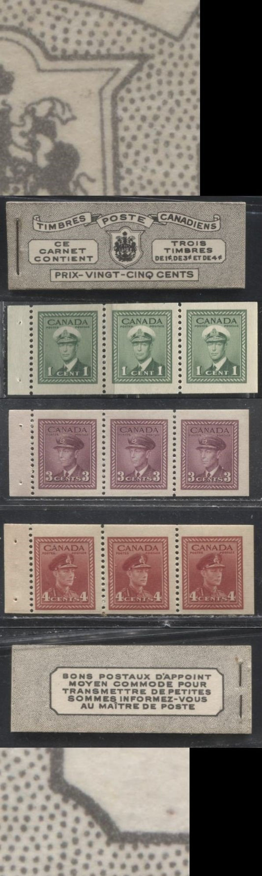 Lot 205 Canada #BK38a 1942-1949 War Issue Complete 25c, French Booklet Containing 1 Pane Each of 3 of 1c Green, 3c Rosy Plum and 4c Carmine Red, Harris Front Cover Type Vd , Back Cover Jviii, 7c & 6c Rate Page