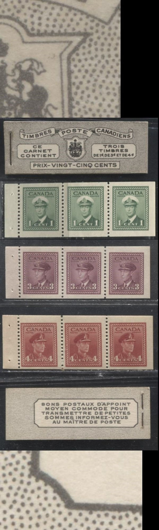 Lot 206 Canada #BK38a 1942-1949 War Issue Complete 25c, French Booklet Containing 1 Pane Each of 3 of 1c Green, 3c Rosy Plum and 4c Carmine Red, Harris Front Cover Type Vd , Back Cover Jiii, 7c & 6c Rate Page