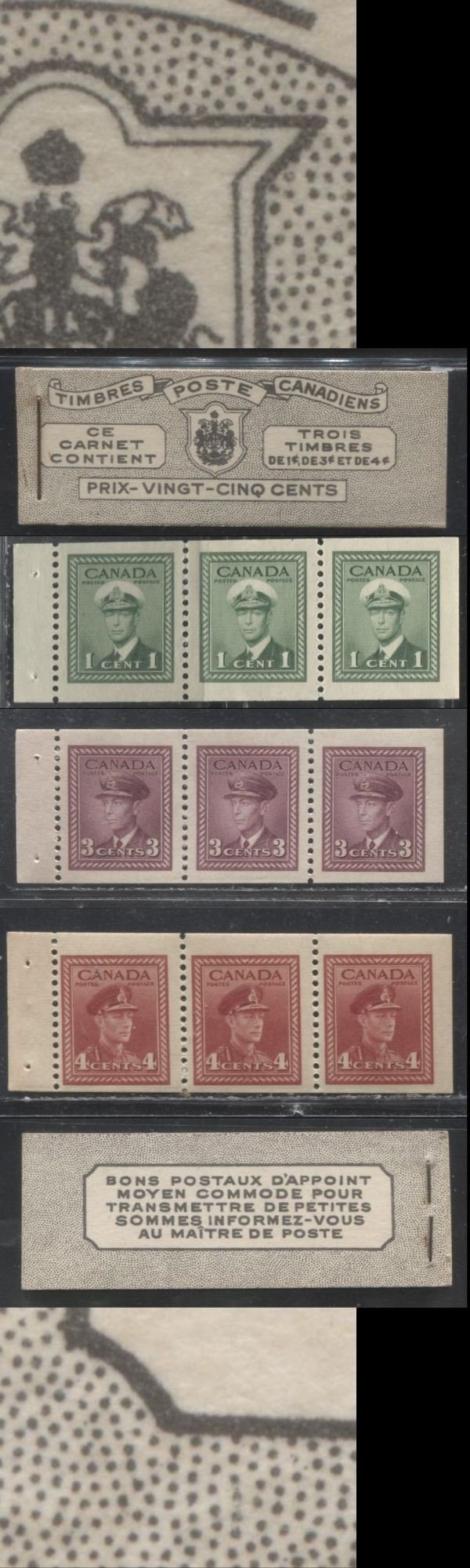 Lot 208 Canada #BK38a 1942-1949 War Issue Complete 25c, French Booklet Containing 1 Pane Each of 3 of 1c Green, 3c Rosy Plum and 4c Carmine Red, Harris Front Cover Type Ve , Back Cover Jv, 7c & 6c Rate Page