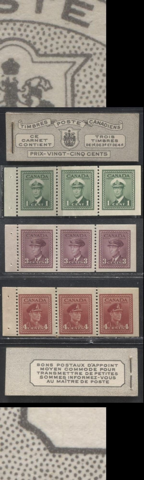 Lot 209 Canada #BK38a 1942-1949 War Issue Complete 25c, French Booklet Containing 1 Pane Each of 3 of 1c Green, 3c Rosy Plum and 4c Carmine Red, Harris Front Cover Type Vg , Back Cover Jii, 7c & 6c Rate Page