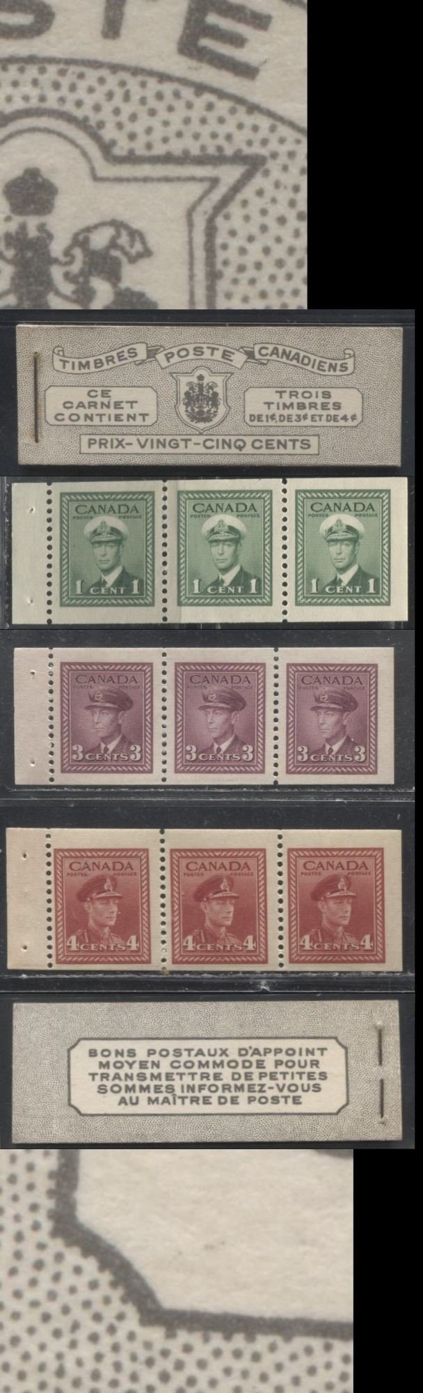 Lot 210 Canada #BK38a 1942-1949 War Issue Complete 25c, French Booklet Containing 1 Pane Each of 3 of 1c Green, 3c Rosy Plum and 4c Carmine Red, Harris Front Cover Type Vg , Back Cover Jvi, 7c & 6c Rate Page