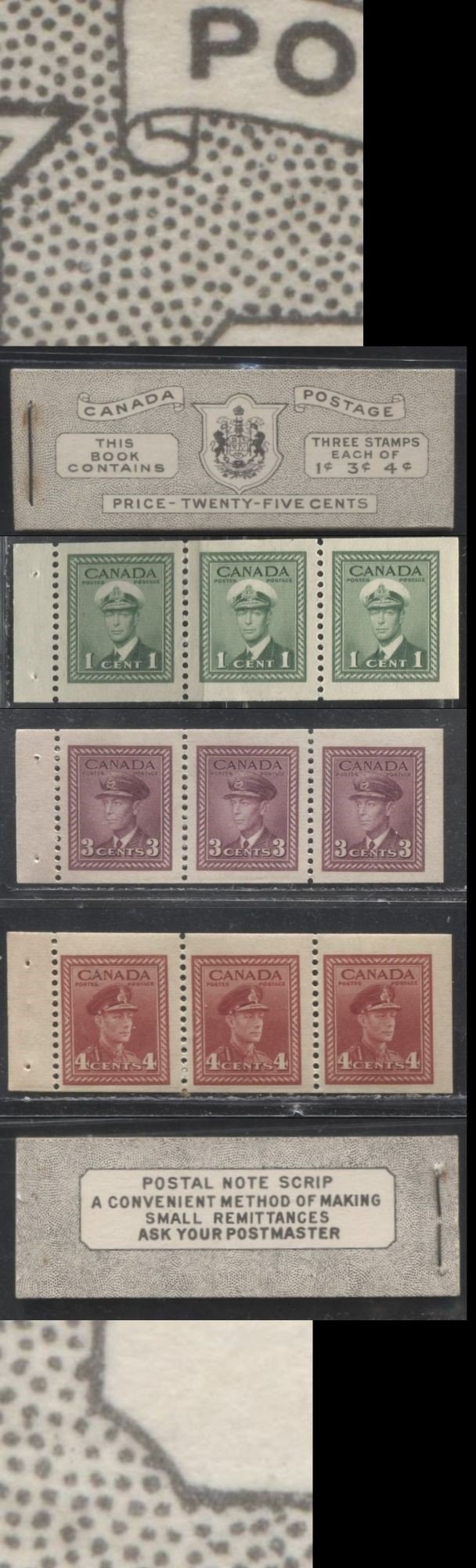 Lot 356 Canada #BK38b 1942-1949 War Issue Complete 25c, English Booklet Containing 1 Pane Each of 3 of 1c Green, 3c Rosy Plum and 4c Carmine Red, Horizontal Ribbed Paper, Harris Front Cover Type IVa, Back Cover Haiv, 7c & 5c Rate Page
