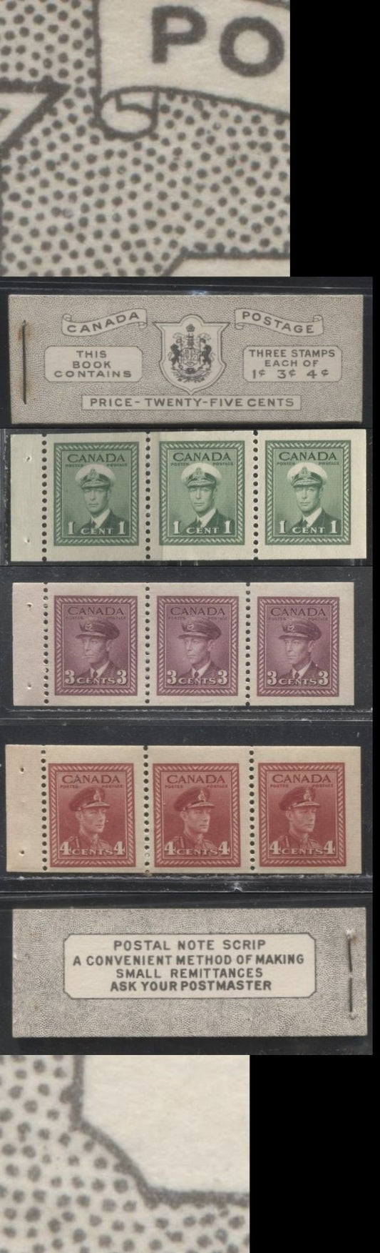 Lot 356 Canada #BK38b 1942-1949 War Issue Complete 25c, English Booklet Containing 1 Pane Each of 3 of 1c Green, 3c Rosy Plum and 4c Carmine Red, Horizontal Ribbed Paper, Harris Front Cover Type IVa, Back Cover Haiv, 7c & 5c Rate Page