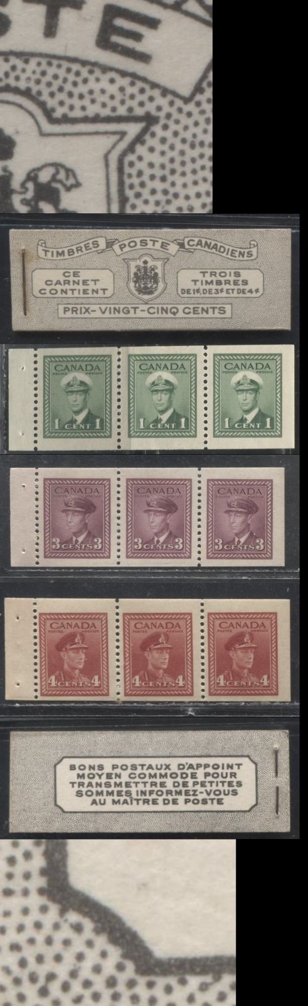 Lot 293 Canada #BK38a 1942-1949 War Issue Complete 25c, French Booklet Containing 1 Pane Each of 3 of 1c Green, 3c Rosy Plum and 4c Carmine Red, Harris Front Cover Type Vh , Back Cover Jiv, 7c & 6c Rate Page