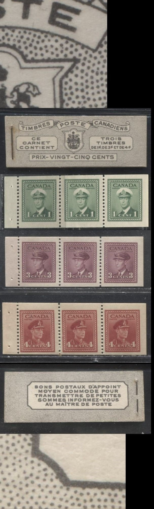 Lot 214 Canada #BK38a 1942-1949 War Issue Complete 25c, French Booklet Containing 1 Pane Each of 3 of 1c Green, 3c Rosy Plum and 4c Carmine Red, Harris Front Cover Type Vh , Back Cover Jvii, 7c & 6c Rate Page