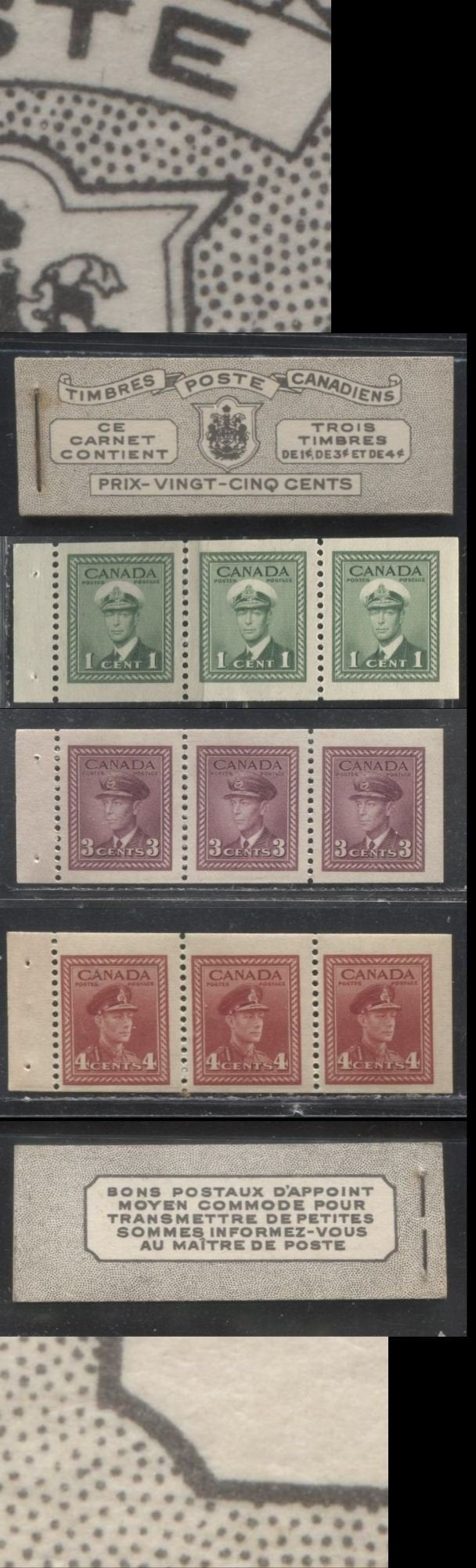 Lot 255 Canada #BK38a 1942-1949 War Issue Complete 25c, French Booklet Containing 1 Pane Each of 3 of 1c Green, 3c Rose-Purple and 4c Carmine Red, Harris Front Cover Type Vh , Back Cover Jvii, 7c & 6c Rate Page