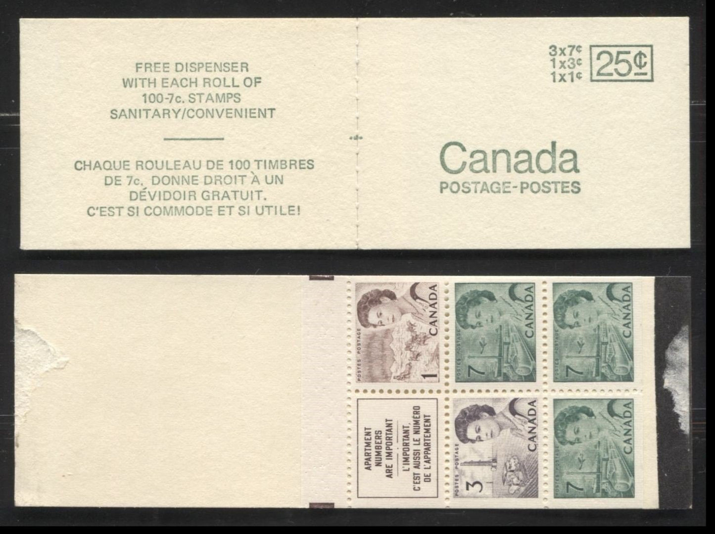 Lot #37 Canada #BK66a 1c Purple Brown, 3c Slate Purple, And 7c Slate Green, 1967-1973 Centennial Issue, A Specialized Lot of Two 25c Booklets Containing One Pane of 5 Plus Label, Type 1 Free Dispenser Cover, Black Seal Strip, Different LF-fl Papers