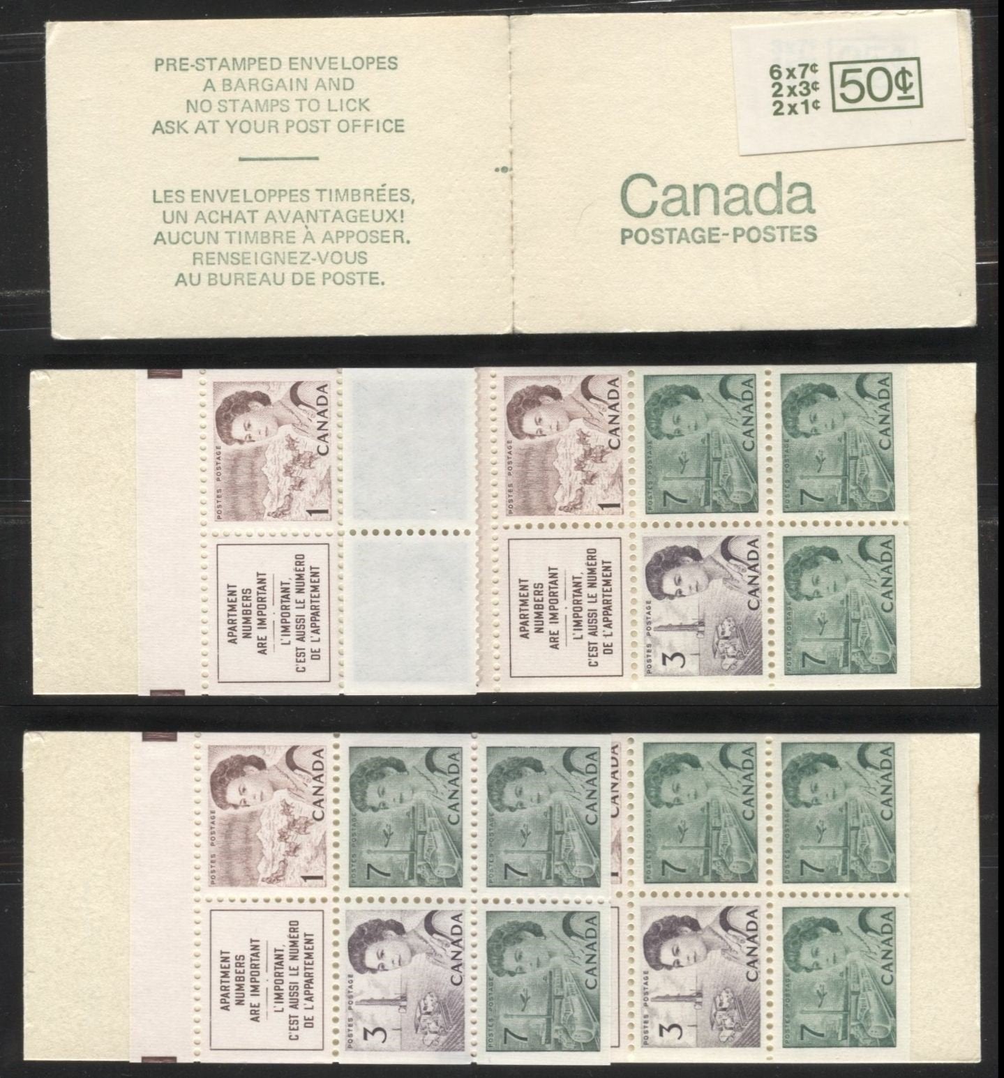 Lot #48 Canada #BK68b 1c Purple Brown, 3c Slate Purple, And 7c Slate Green & Emerald, 1967-1973 Centennial Issue, A VFNH 50c Booklet, Type 2 Pre Stamped Cover, Clear Seal Strip, MF-fl & LF-fl Paper, Large Glossy Sticker, With Offset of Cover Text