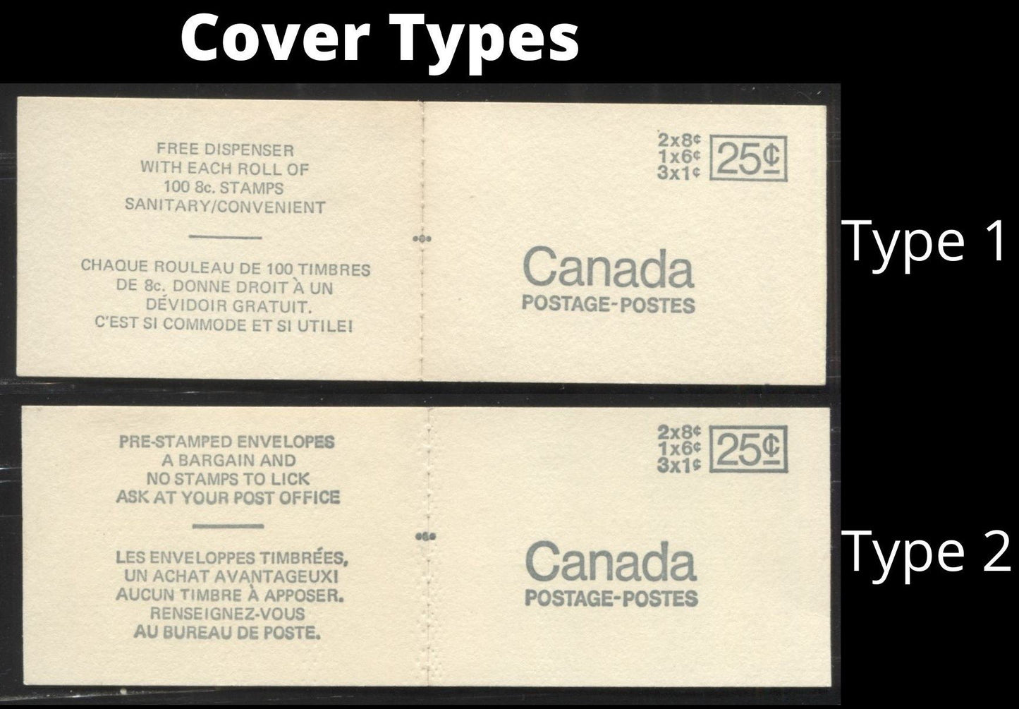 Lot #56 Canada McCann #BK69q, r 1c Purple Brown, 6c Black, And 8c Slate, 1967-1973 Centennial Issue, A Specialized Lot of Two 25c Booklets, Type 2 Pre Stamped Cover, Black Sealing Strip, Different MF-fl Papers, Setting C As Described in Harris