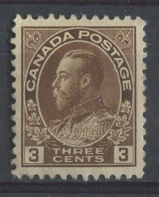 Canada #108 (SG#205) 3c Deep Brown 1911-1928 Admiral Issue Wet Printing, Fine Mesh Paper VF-79 Unused Brixton Chrome 