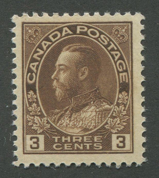 Canada #108c (SG#205) 3c Deep Dull Brown Admiral Issue Dry Printing, Paper With No Mesh VF-75 LH Brixton Chrome 