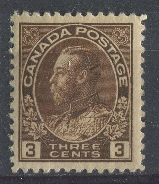 Canada #108c (SG#205) 3c Deep Dull Brown Admiral Issue Dry Printing, Paper With No Mesh VF-80 OG Brixton Chrome 