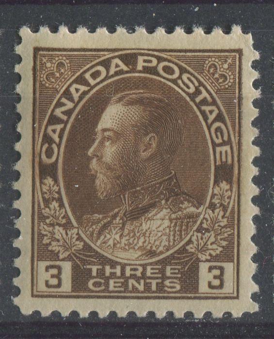 Canada #108c (SG#205) 3c Deep Yellowish Brown Admiral Issue Dry Printing, Paper With No Mesh VF-84 OG Brixton Chrome 