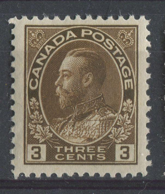 Canada #108ii (SG#205) 3c Deep Bistre Brown Admiral Issue Wet Printing, Paper With No Mesh F-73 LH Brixton Chrome 