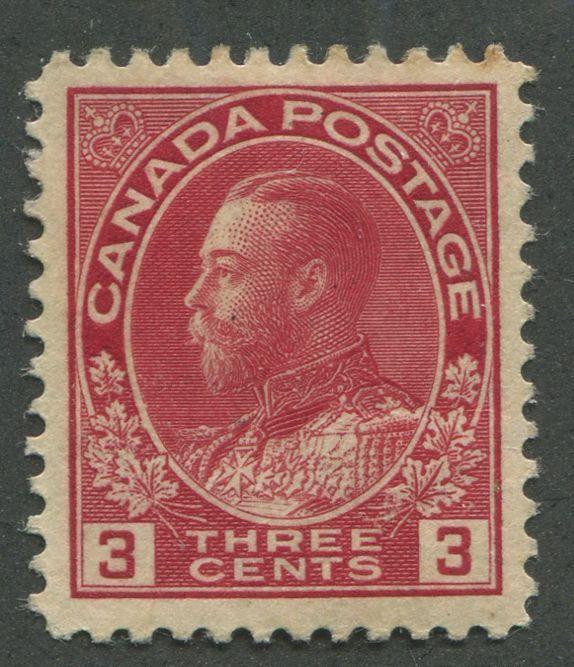 Canada #109 (SG#248) 3c Deep Rose Red 1911-28 Admiral Issue Die 1, Paper With No Mesh VF-77 OG HR Brixton Chrome 
