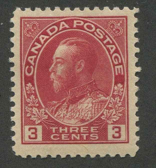 Canada #109 (SG#248) 3c Deep Rose Red 1911-28 Admiral Issue Die 1, Paper With No Mesh VF-79 OG Brixton Chrome 