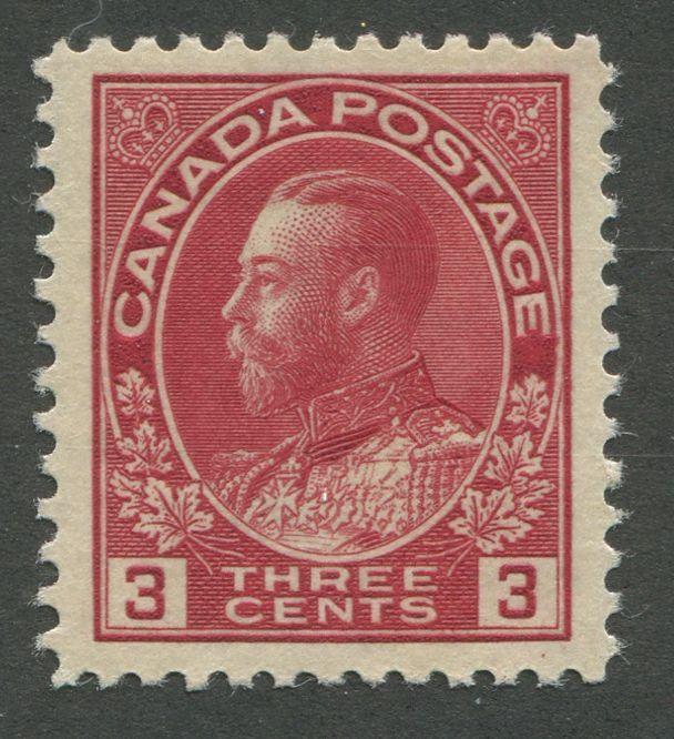 Canada #109 (SG#248) 3c Deep Rose Red 1911-28 Admiral Issue Die 1, Paper With No Mesh VF-84 OG Brixton Chrome 