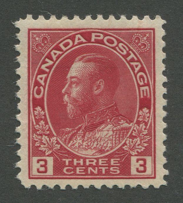Canada #109 (SG#248) 3c Deep Rose Red 1911-28 Admiral Issue Die 1, Paper With No Mesh VF-84 OG Brixton Chrome 