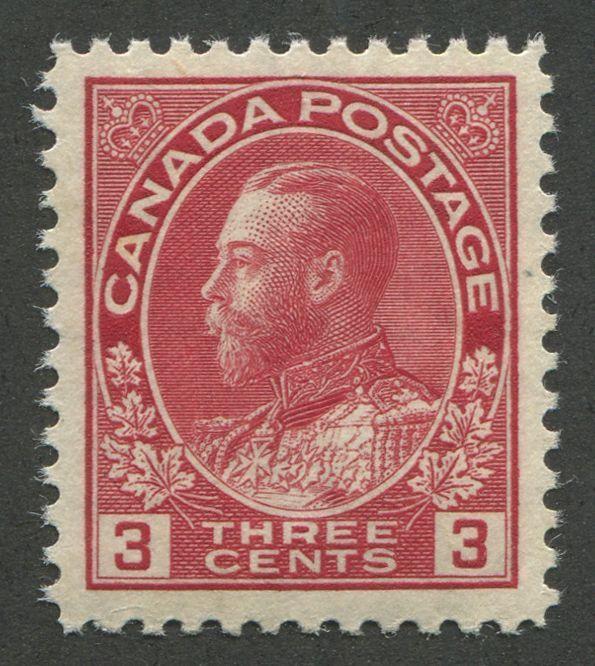 Canada #109 (SG#248) 3c Deep Rose Red Admiral Issue Die 1, Paper With No Mesh 0.0045" Thick VF-82 OG Brixton Chrome 