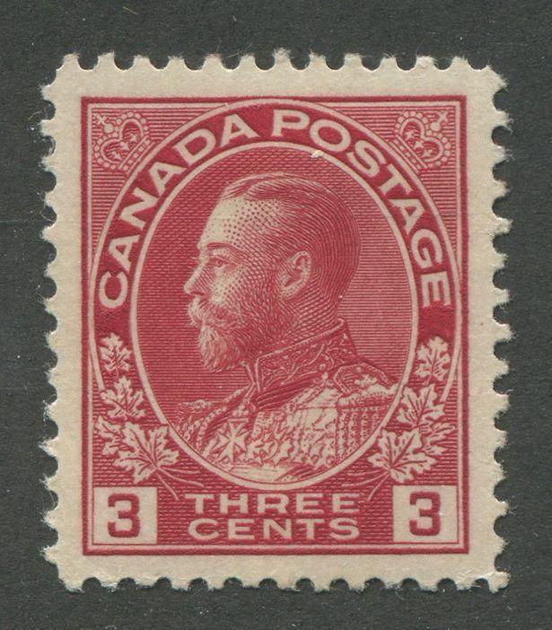 Canada #109 (SG#248) 3c Deep Rose Red Admiral Issue Die 1, Paper With No Mesh 0.0045" Thick VF-84 LH Brixton Chrome 