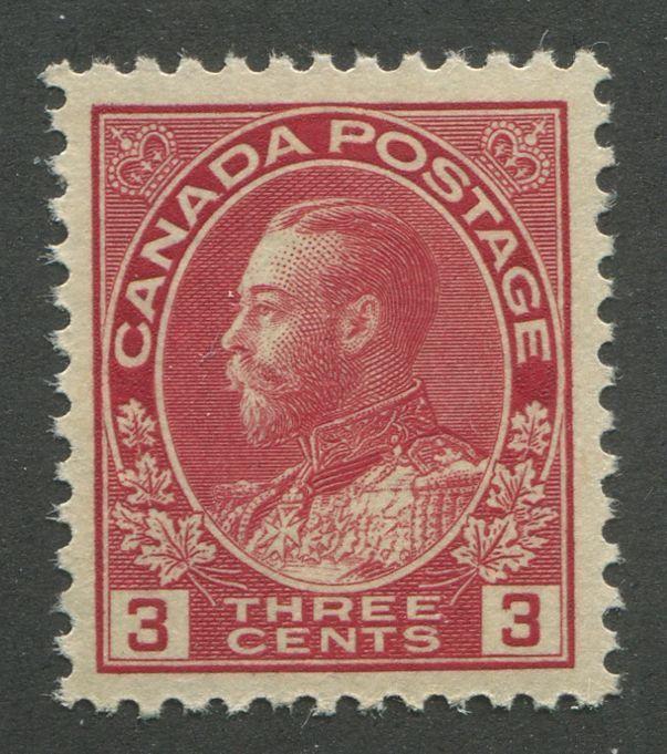 Canada #109 (SG#248) 3c Scarlet Admiral Issue Die 1, Paper With No Mesh 0.004" Thick VF-78 LH Brixton Chrome 