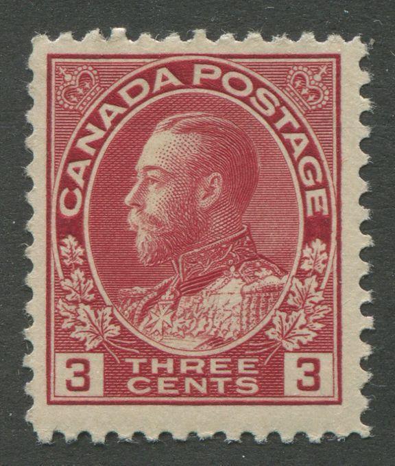 Canada #109 (SG#248) 3c Very Dark Rose Red - 1911-28 Admiral Issue Die 1, Paper With No Mesh F-68 OG Brixton Chrome 