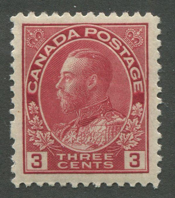 Canada #109 (SG#248) 3c Very Deep Rose Red - 1911-28 Admiral Issue Die 1, Paper With No Mesh VF-80 OG Brixton Chrome 