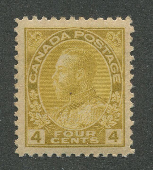 Canada #110 (SG#249) 4c Deep Bistre Yellow Admiral Issue Wet Printing, Paper With No Mesh F-73 OG LH Brixton Chrome 