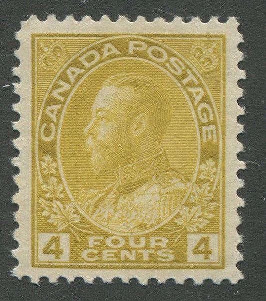 Canada #110 (SG#249) 4c Deep Bright Bistre Yellow Admiral Issue Wet Printing, Paper With No Mesh VF-80 Unused Brixton Chrome 