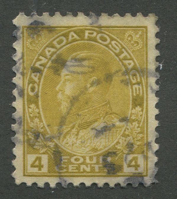 Canada #110 (SG#249) 4c Olive Bistre 1911-1928 Admiral Issue Wet Printing, Fine Mesh Paper Paper F-70 Used Brixton Chrome 