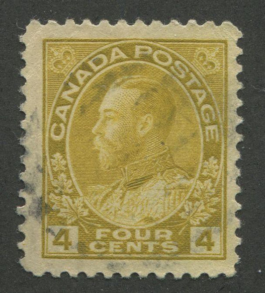Canada #110 (SG#249) 4c Olive Bistre 1911-1928 Admiral Issue Wet Printing, Paper With Fine Mesh Paper F-73 Used Brixton Chrome 
