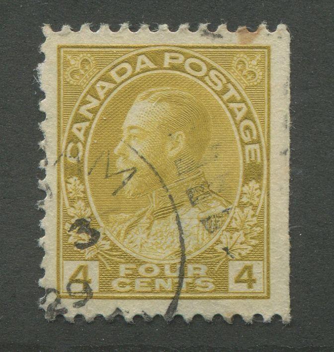Canada #110d (SG#249a) 4c Olive Bistre Admiral Issue Dry Printing, Paper With No Mesh F-70 Used Brixton Chrome 