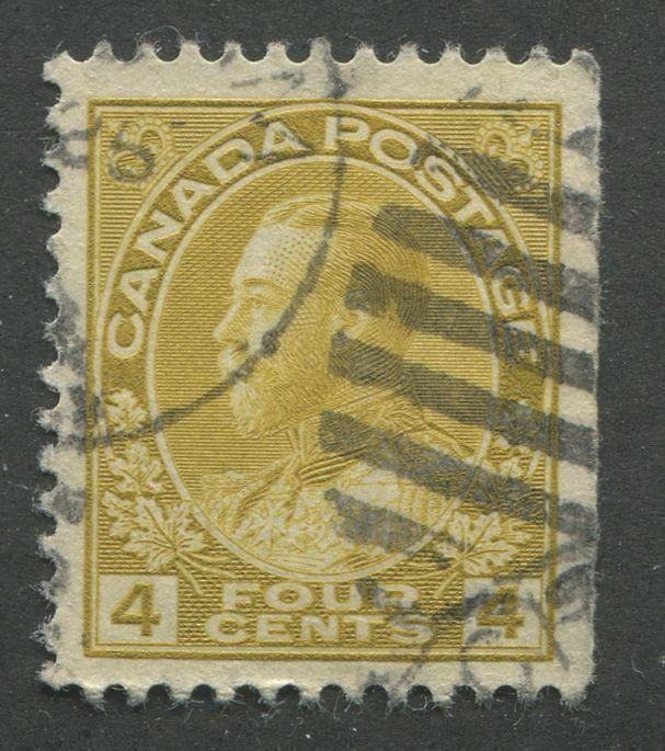 Canada #110d (SG#249a) 4c Olive Bistre Yellow Admiral Issue Dry Printing, Fine Mesh Paper F-70 Used Brixton Chrome 