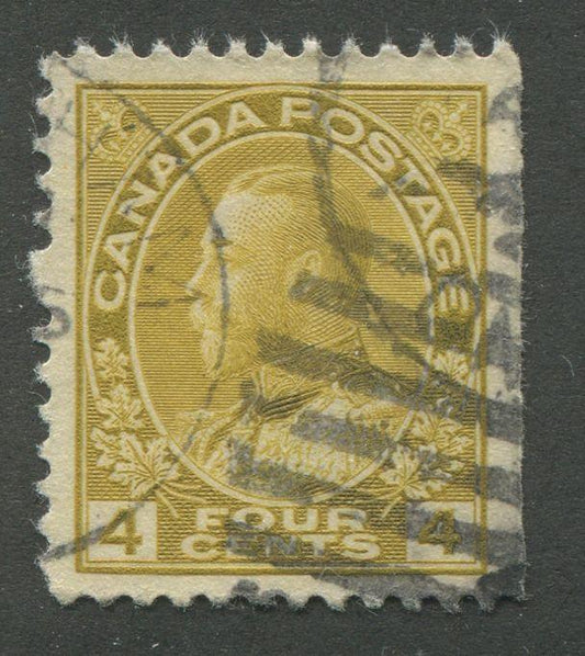 Canada #110d (SG#249a) 4c Olive Bistre Yellow Admiral Issue Dry Printing, Fine Mesh Paper F-74 Used Brixton Chrome 