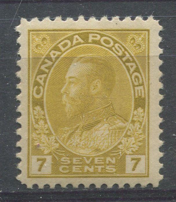 Canada #113a (SG#208) 7c Greenish Yellow (Olive Bistre) 1911-27 Admiral Issue Fine Mesh Paper VF-75 LH Brixton Chrome 