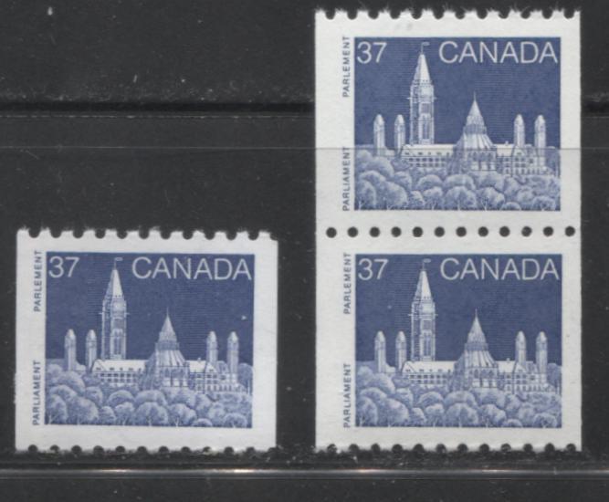 Canada #1194, 1194i 37c Blue Parliament Buildings, 1988-1991 Wildlife & Architecture Issue, Very Fine Mint NH Pair of the Rare Rolland Paper and Single of the Peterborough Paper Brixton Chrome 
