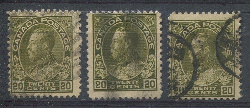 Canada #119c (SG#212) 20c Deep Brown Olive 1911-27 Admiral Issue Wet Printing VG-55-60 Used Brixton Chrome 