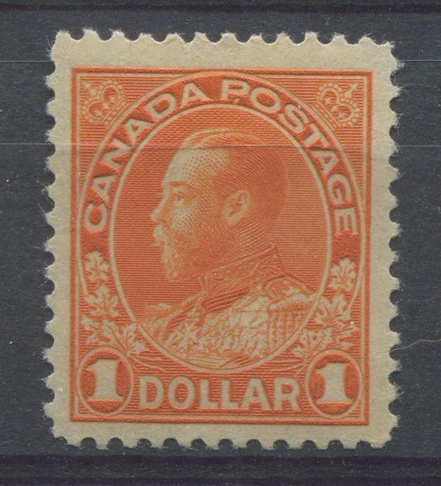 Canada #122 (SG#255) $1 Red Orange 1911-27 Admiral Issue Dry Printing Fine Mesh Paper VF-80 OG Brixton Chrome 