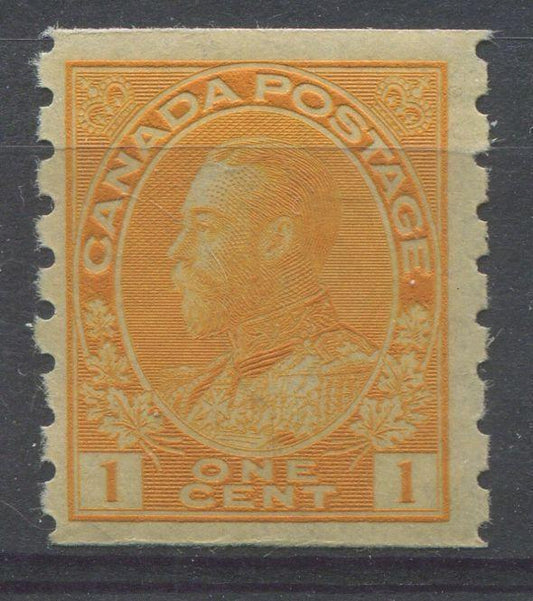 Canada #126 (SG#256b) 1c Pale Orange Yellow 1911-27 Admiral Die 2 Dry Printing, Perf. 8 Vertically F-73 NH Brixton Chrome 