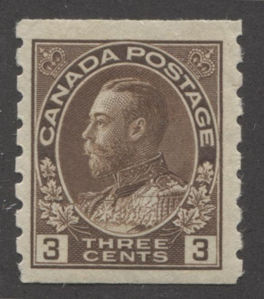 Canada #129 (SG#224) 3c Deep Dull Brown 1911-27 Admiral Perf. 8 Vertically, Wet Printing VF-75 OG Brixton Chrome 