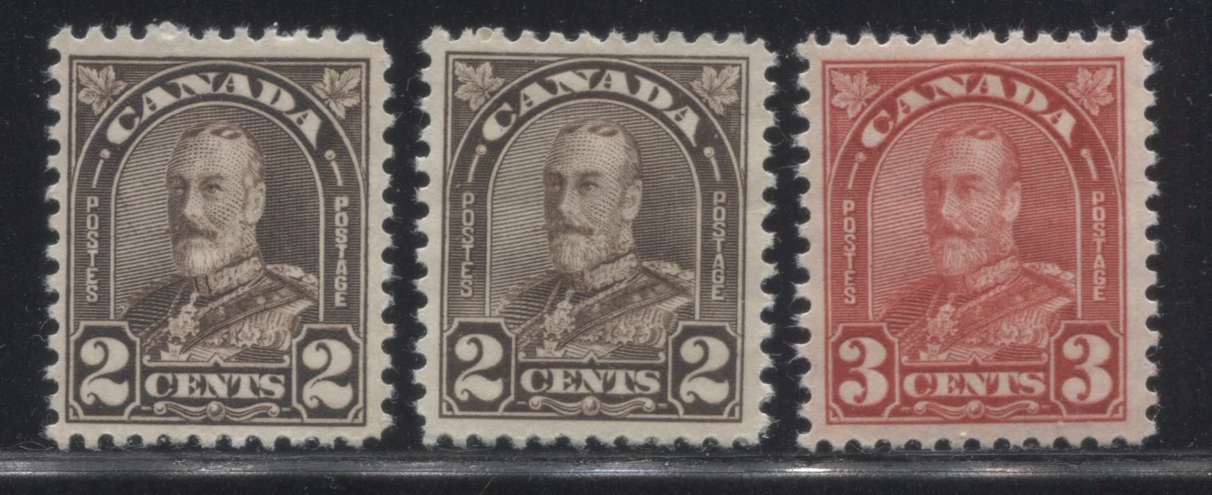 Canada #166-167 2c Blackish Brown & 3c Scarlet King George V, 1930-1935 Arch Issue, Three Very Fine Mint Singles, Including Both Dies of the 2c Blackish Brown Brixton Chrome 
