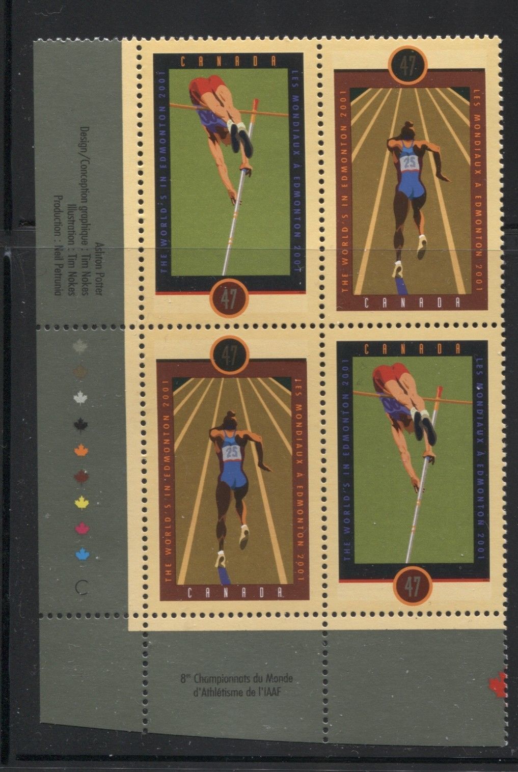 Canada #1908 (SG#2087a) 47c IAAF Games LL Inscription Block NF/DF Paper - VF-84 NH Brixton Chrome 